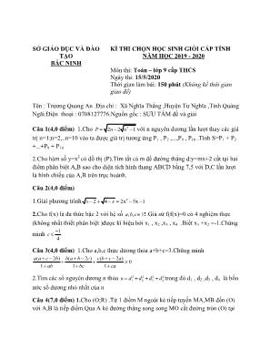 Kì thi chọn học sinh giỏi cấp tỉnh môn Toán Lớp 9 - Năm học 2019-2020 - Sở giáo dục và đào tạo Bắc Ninh